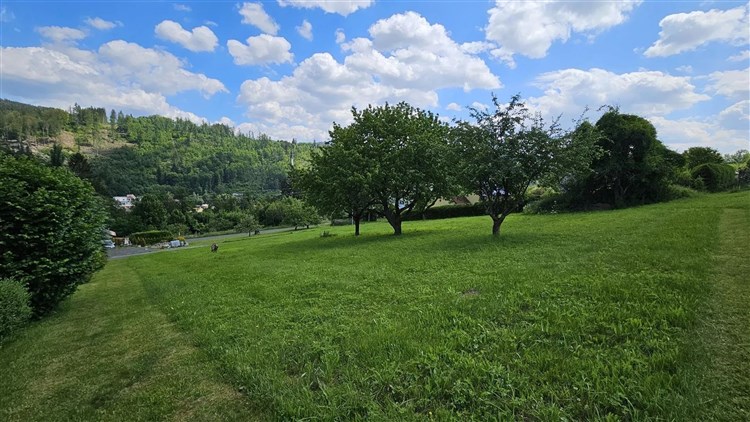 zahrada s trávník a pohled na lesy