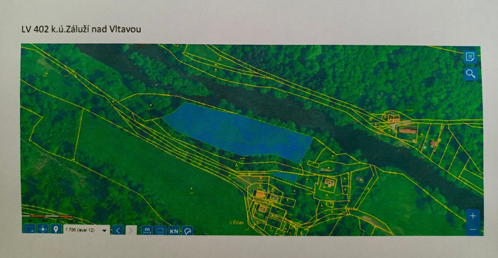 katastrální mapa - modře vyznačené pozemky předmětem prodeje