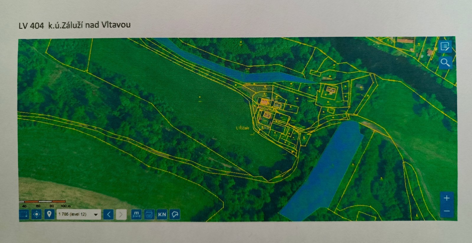 katastrální mapa - modře vyznačené pozemky předmětem prodeje