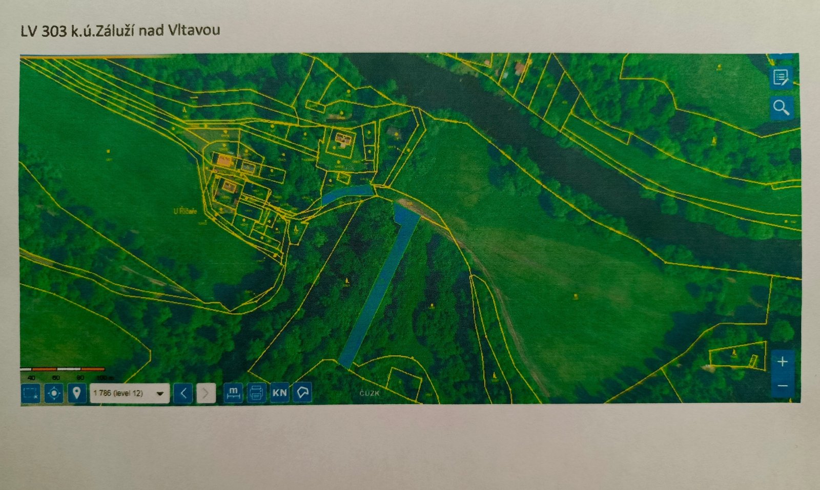 katastrální mapa - modře vyznačené pozemky předmětem prodeje