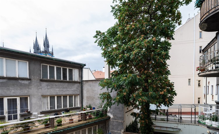 Pohledem z balkonu do volného prostoru vnitrobloku, kde je kousek zeleně, klid a výhled na špice Týnského chrámu na Staroměstském náměstí. Je zde absolutní klid. n