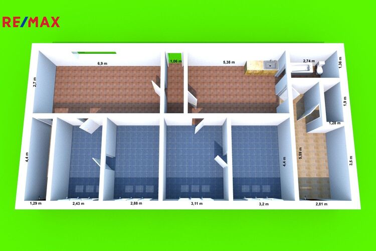 3D dispozice domu. Rozměry jsou přibližné, nejedná se o technický výkres.