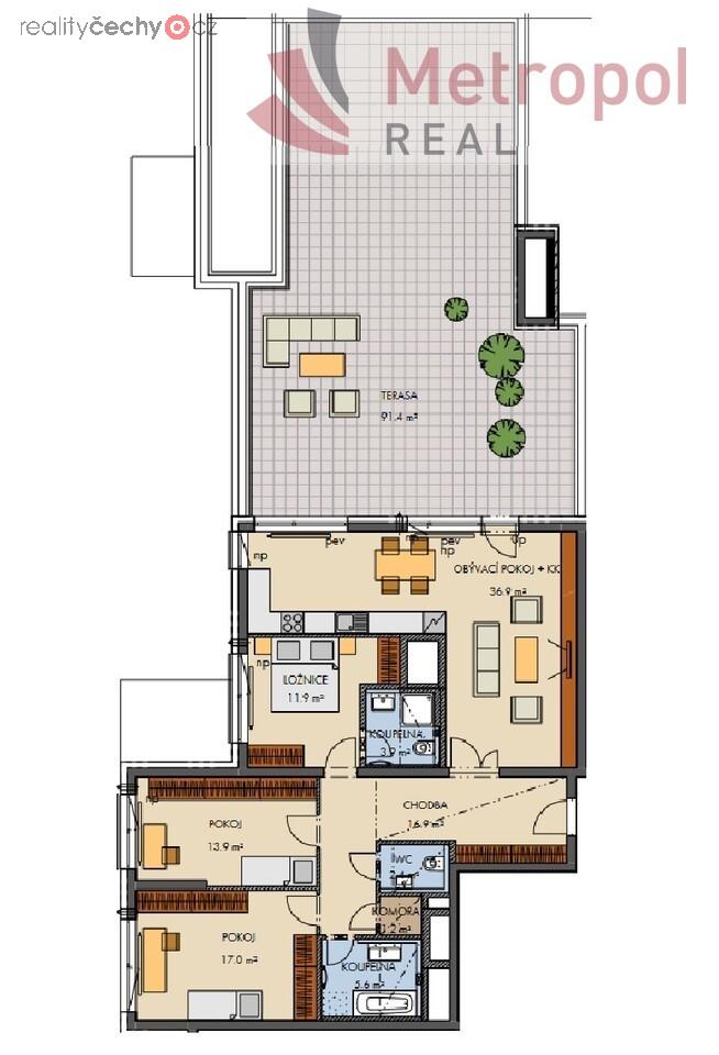 Prodej novostavby 4+kk (118 m2) s terasou  91 m2, Hlubočepy