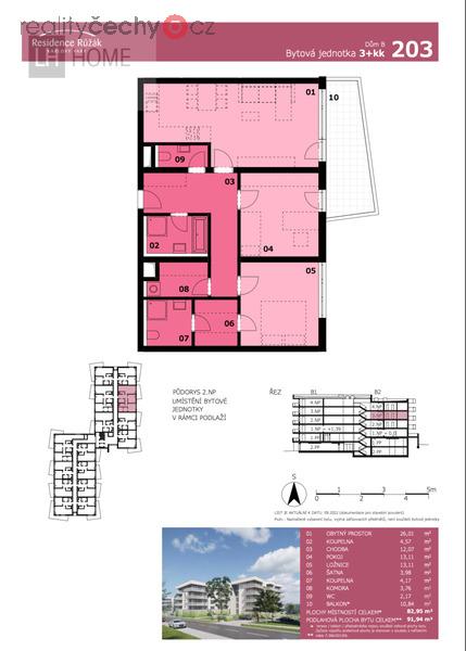 Družstevní byt 3+kk, 91,94 m2 + balkón 10,84 m2, Residence Růžák budova B