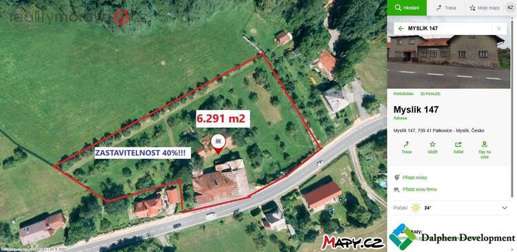 Prodej stavebního pozemku o výměře 6291m2 se stavbou s čp. v Palkovicích, kat. Myslík